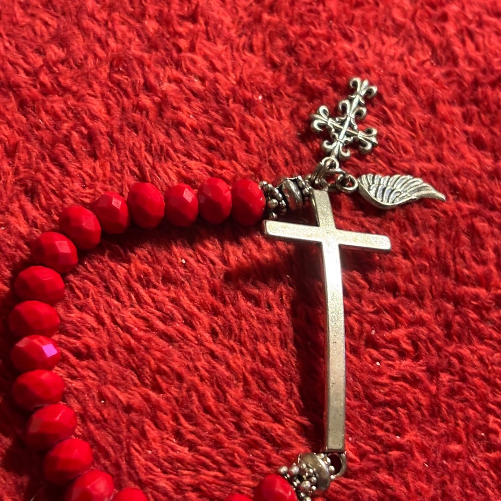 Red Beaded Cross Bracelet with Small cross and Angel wing .
